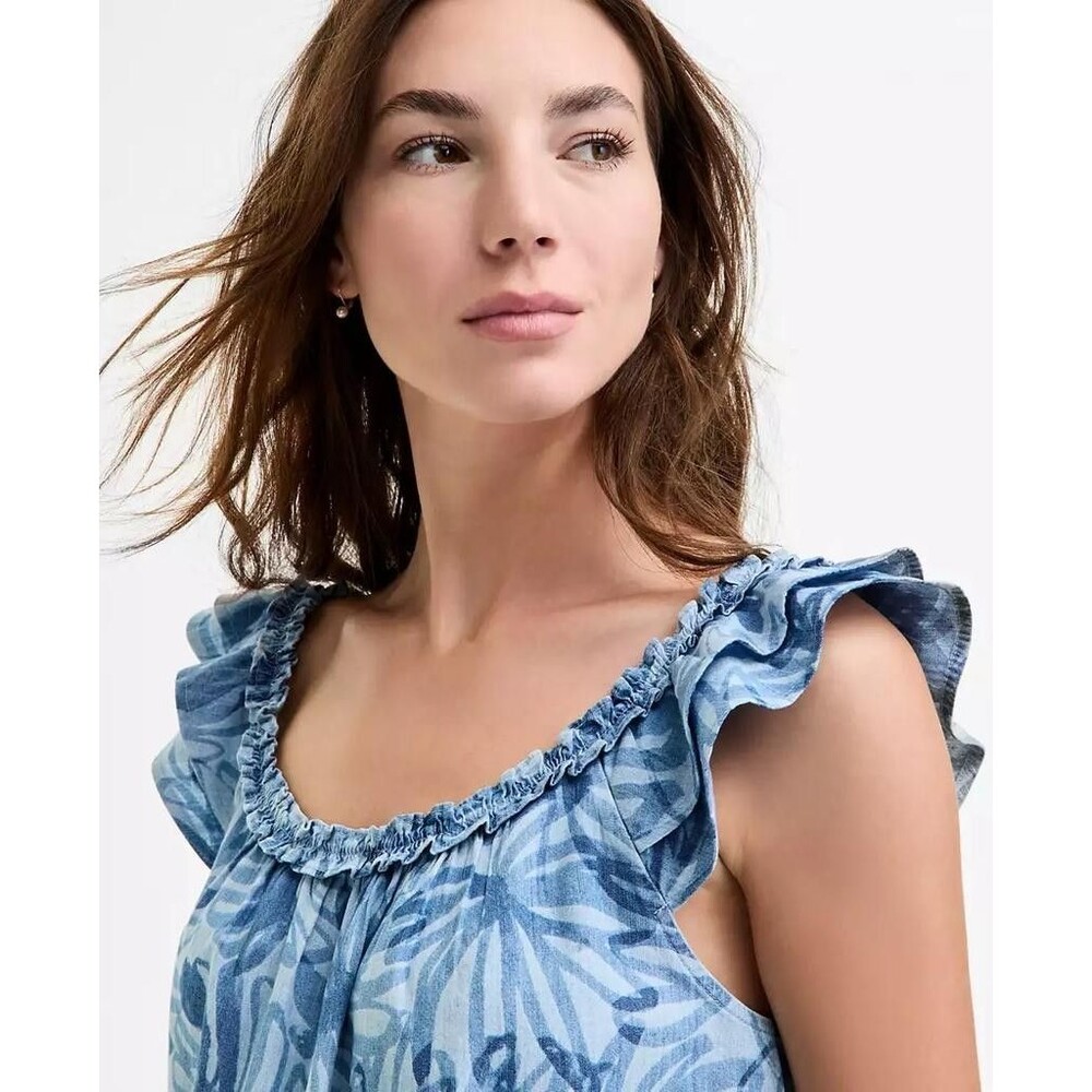 Nautica Jeans Women's Size XL Palm-Print Sleeveless Shoulder-Ruffle Top